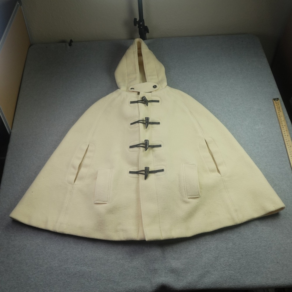 Burberry Cream Hooded Wool Cape Coat with Toggle Closures